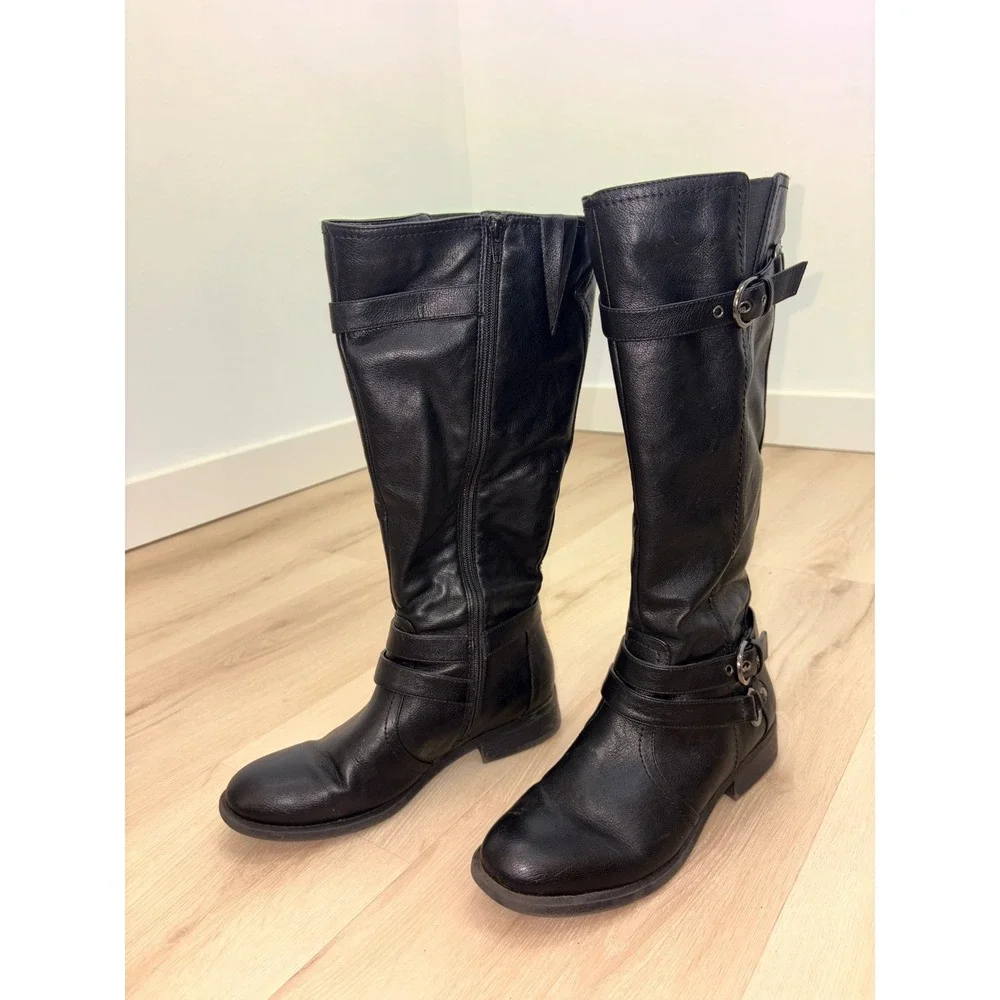 Brinley Co Loyal Tall Riding Boots Womens 10 Black Buckle Strap Moto Equestrian